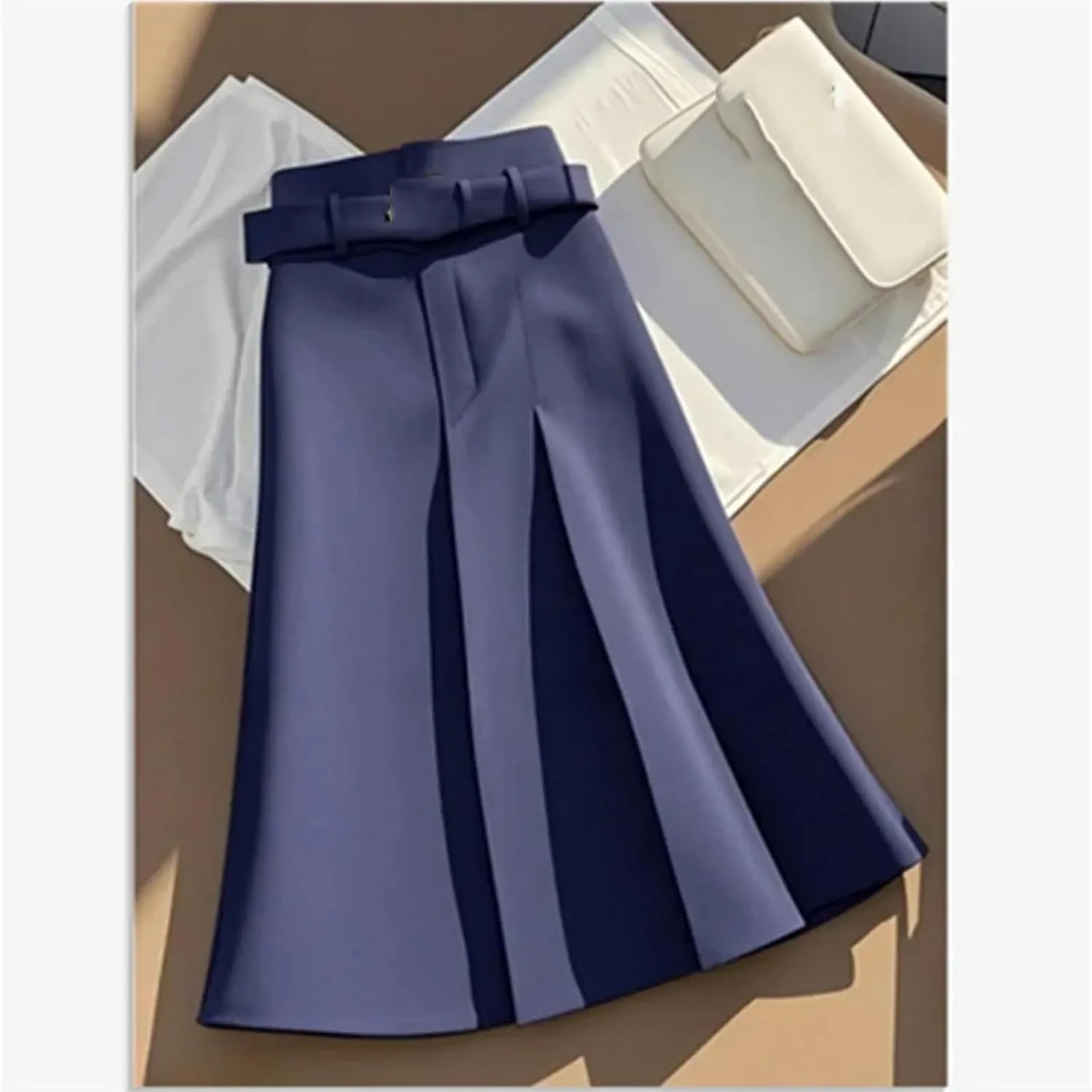 Women Slim Skirt Women High Waist A-Line Pleated Wrapped Hip Skirts Fashion Midi Skirts with Belt Women's Skirts