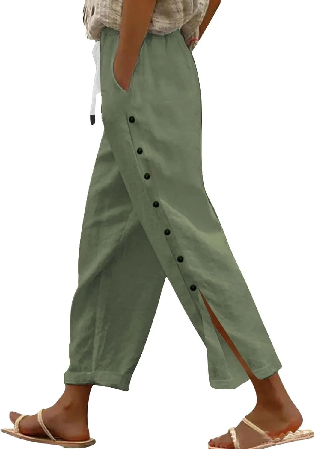 Women Summer Casual Linen Pants Striped Side Button Pants Baggy Elastic Waist Straight Leg Trousers with Pocket