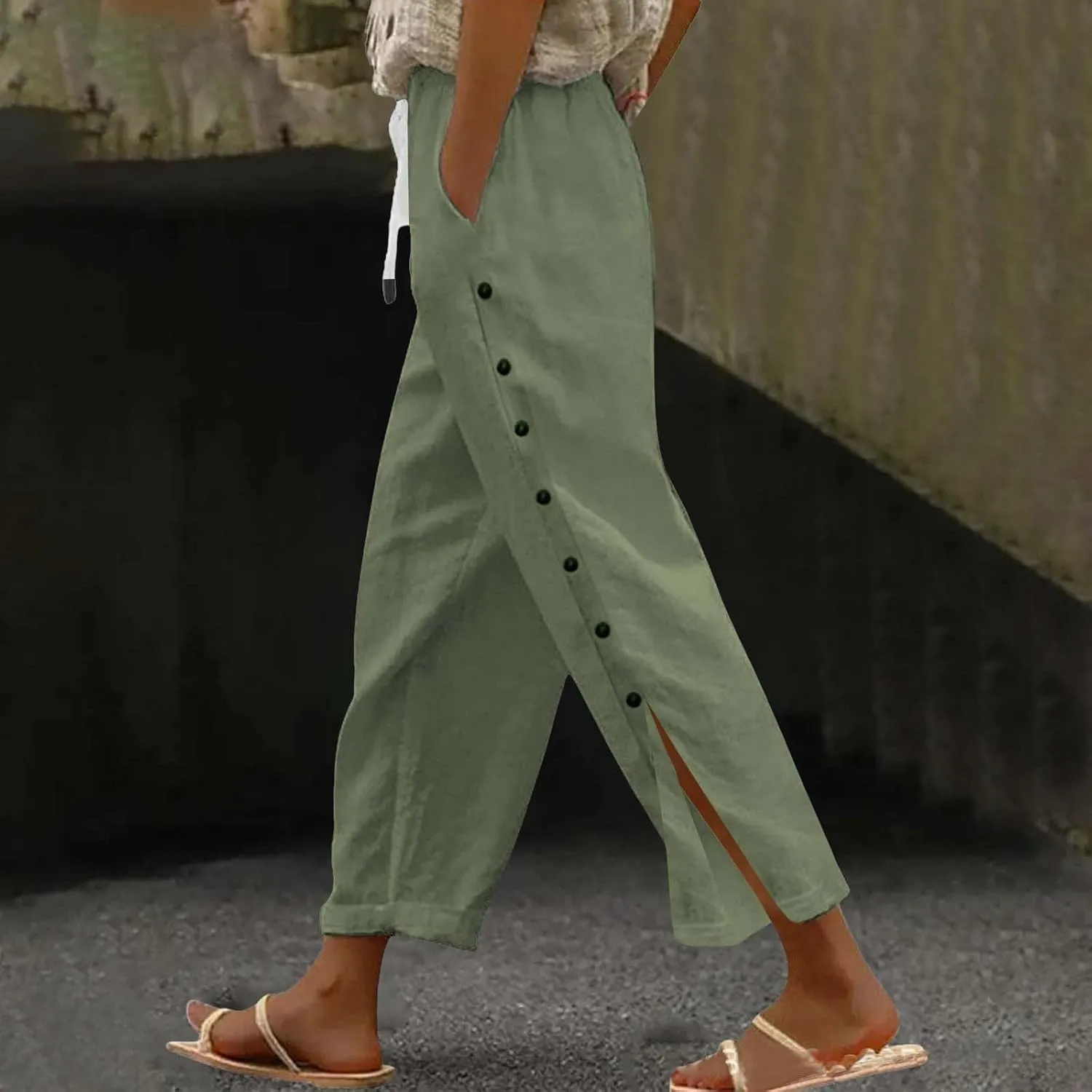 Women Summer Casual Linen Pants Striped Side Button Pants Baggy Elastic Waist Straight Leg Trousers with Pocket