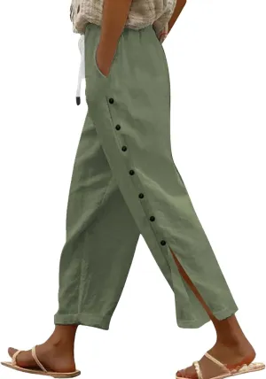 Women Summer Casual Linen Pants Striped Side Button Pants Baggy Elastic Waist Straight Leg Trousers with Pocket