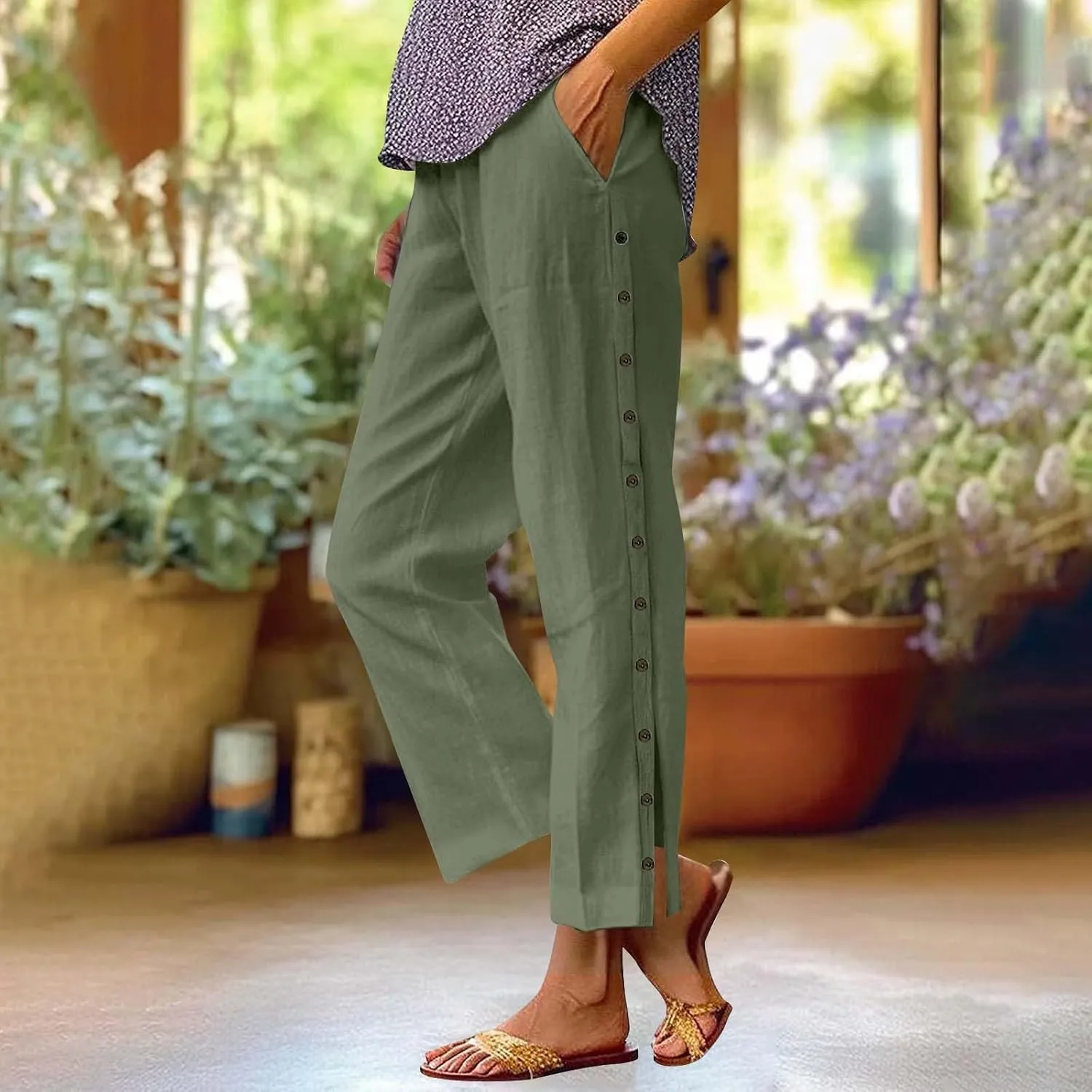 Women Summer Casual Linen Pants Striped Side Button Pants Baggy Elastic Waist Straight Leg Trousers with Pocket