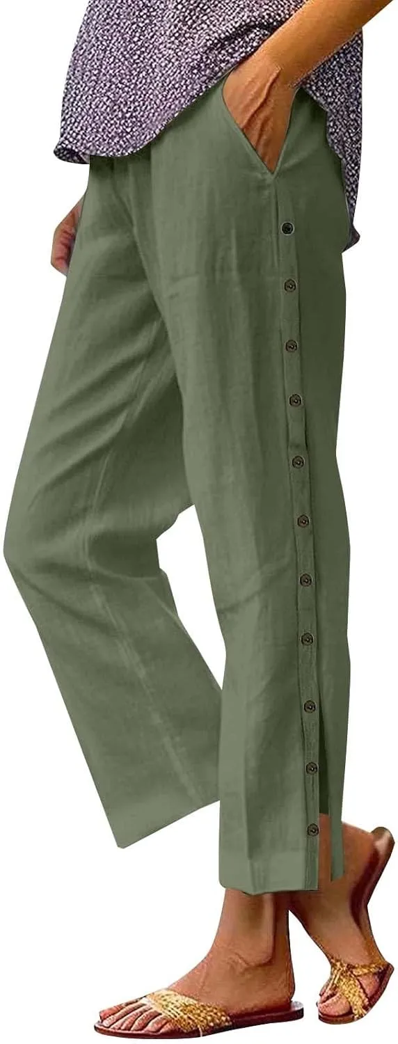 Women Summer Casual Linen Pants Striped Side Button Pants Baggy Elastic Waist Straight Leg Trousers with Pocket