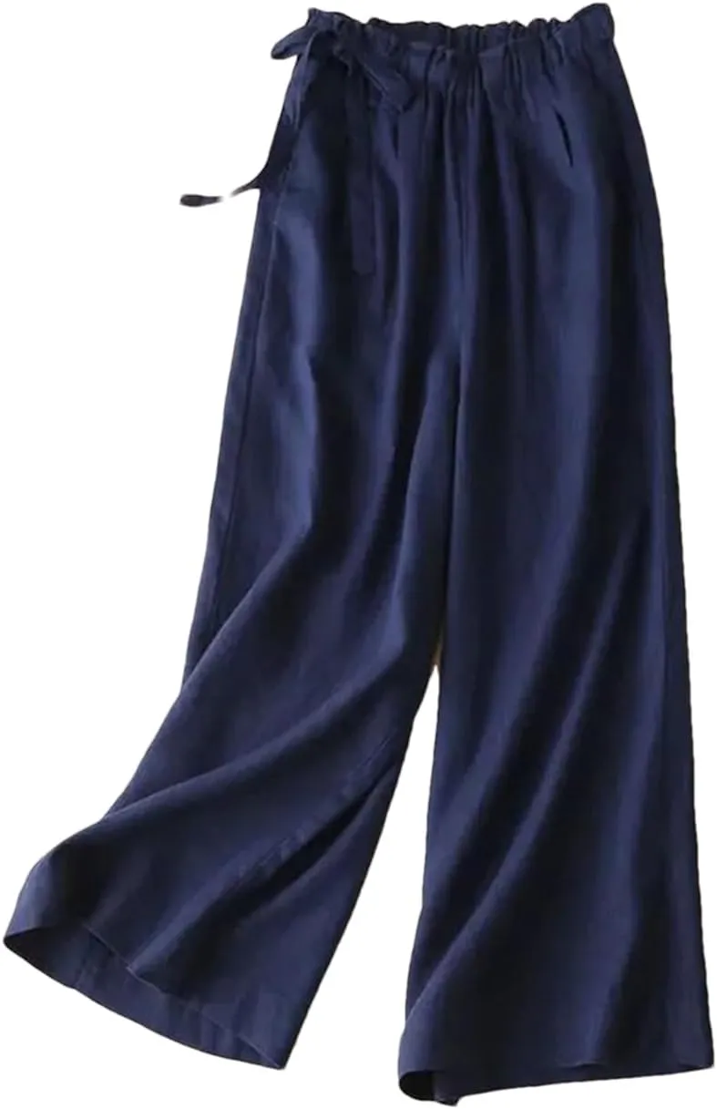 Women Summer Elastic Waist Cotton Linen Baggy Pants Vintage Casual Ankle-Length Straight Trousers