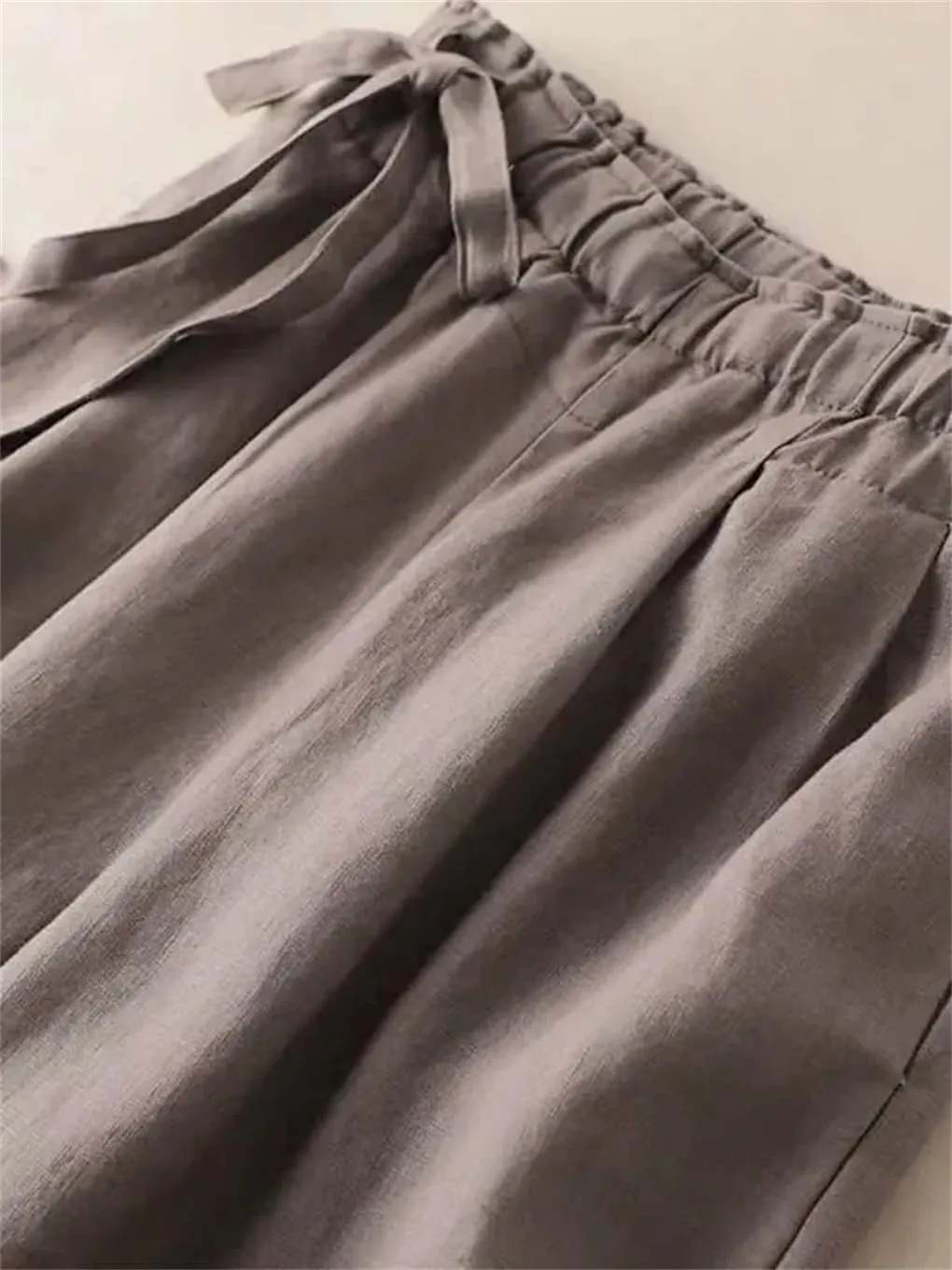 Women Summer Elastic Waist Cotton Linen Baggy Pants Vintage Casual Ankle-Length Straight Trousers