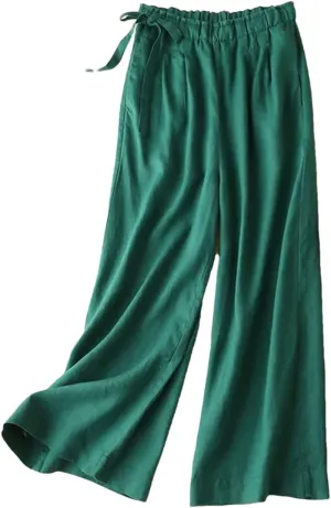 Women Summer Elastic Waist Cotton Linen Baggy Pants Vintage Casual Ankle-Length Straight Trousers
