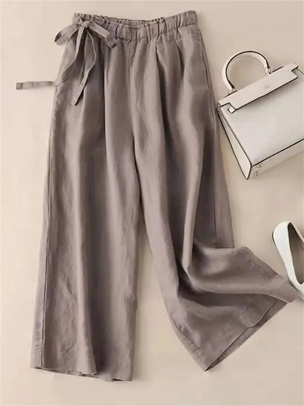 Women Summer Elastic Waist Cotton Linen Baggy Pants Vintage Casual Ankle-Length Straight Trousers
