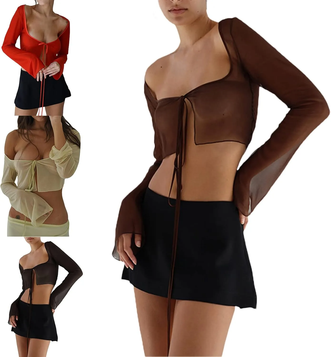 Women Tie Front Cardigan Long Sleeve Sheer Mesh Shrug Tie Crop Top Lightweight Bolero Shrugs for Dresses Cover Ups