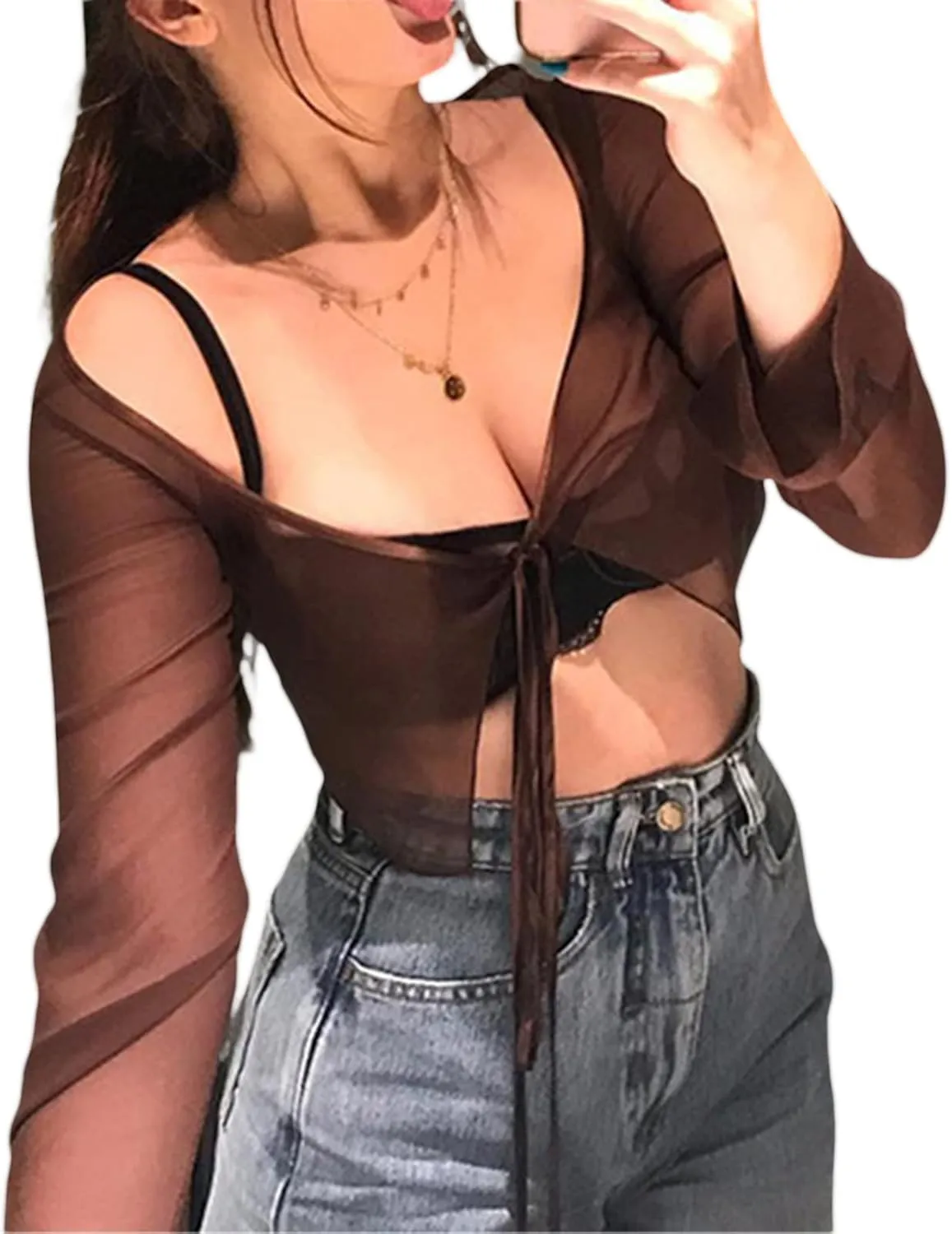Women Tie Front Cardigan Long Sleeve Sheer Mesh Shrug Tie Crop Top Lightweight Bolero Shrugs for Dresses Cover Ups