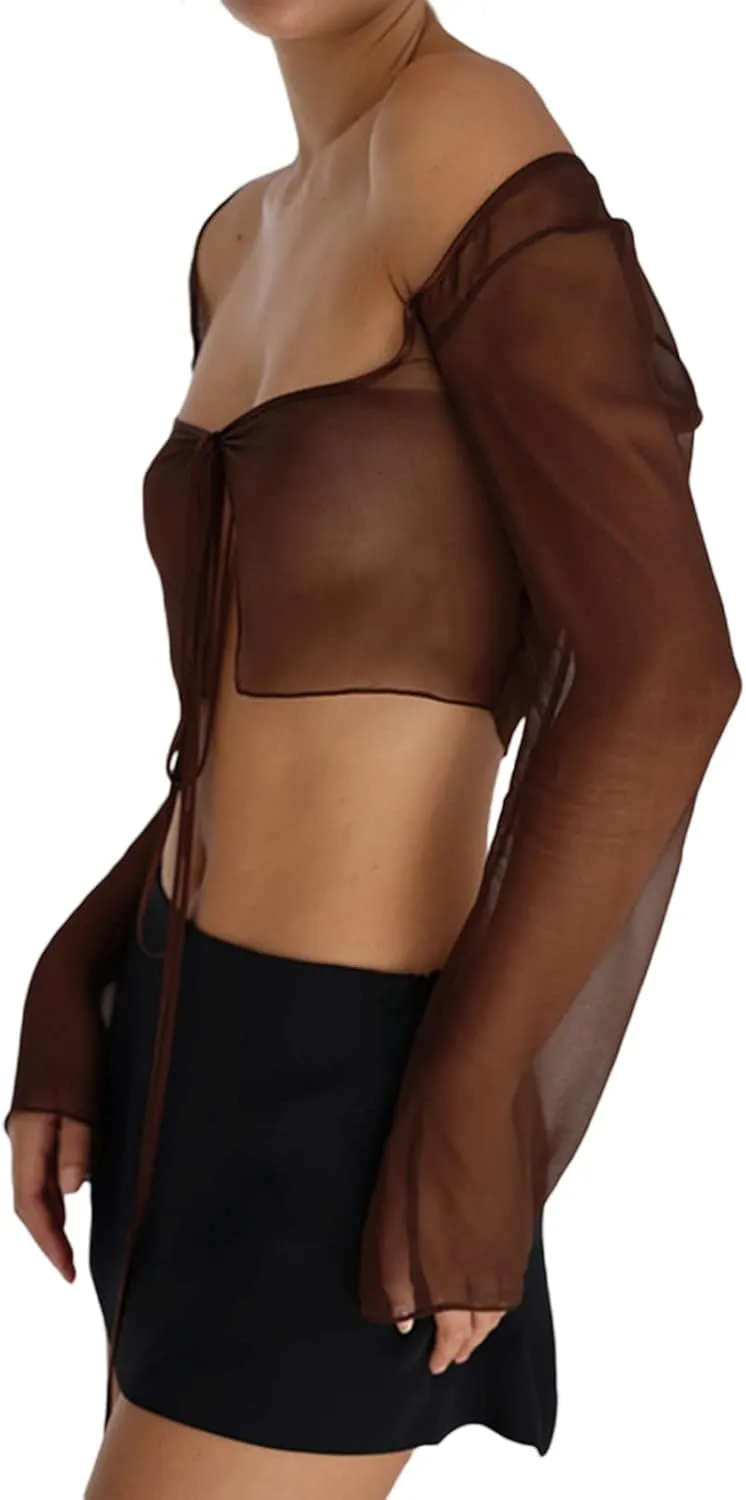 Women Tie Front Cardigan Long Sleeve Sheer Mesh Shrug Tie Crop Top Lightweight Bolero Shrugs for Dresses Cover Ups