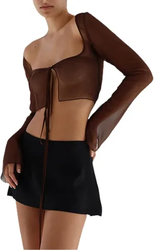 Women Tie Front Cardigan Long Sleeve Sheer Mesh Shrug Tie Crop Top Lightweight Bolero Shrugs for Dresses Cover Ups