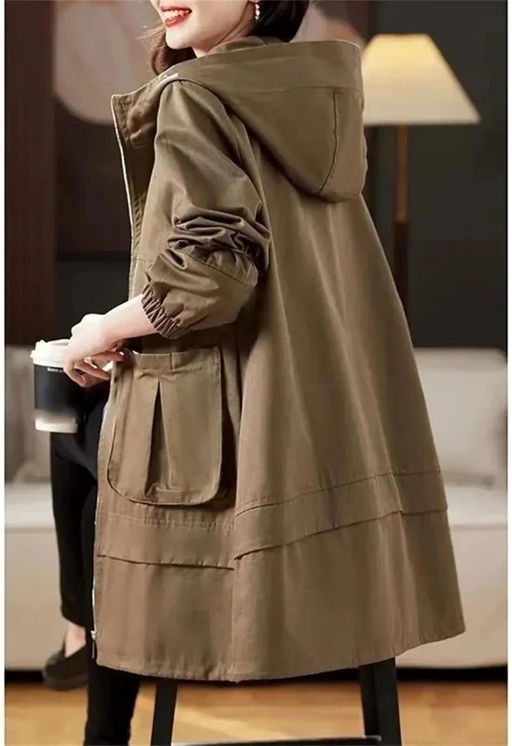 Women Trench Coat Fashion Loose Casual Mid Long Hooded Zipper Overcoat Windbreaker Jacket Female Outerwer