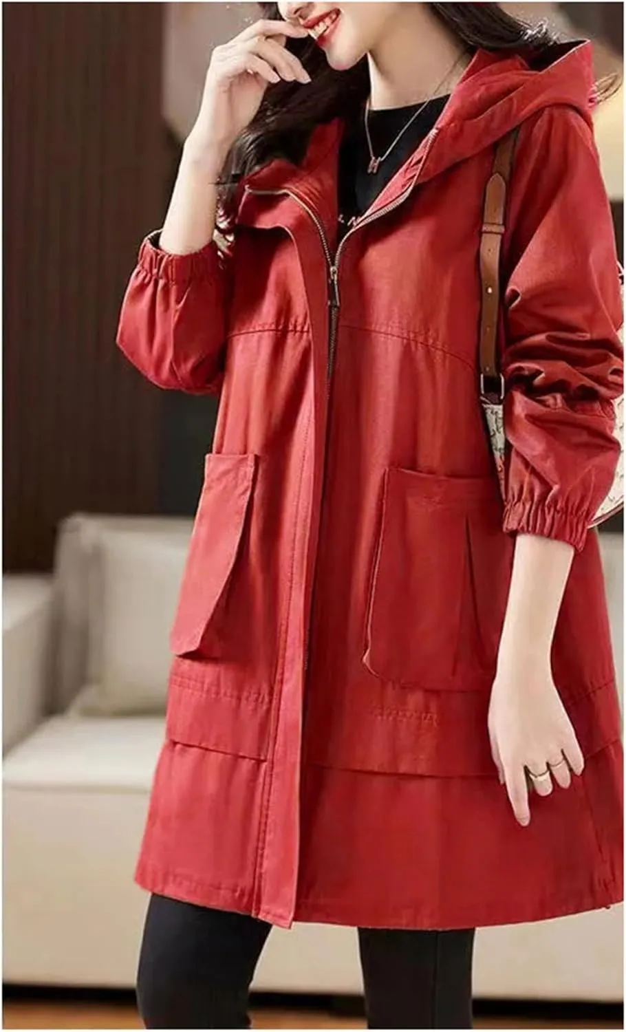 Women Trench Coat Fashion Loose Casual Mid Long Hooded Zipper Overcoat Windbreaker Jacket Female Outerwer