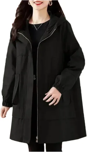 Women Trench Coat Fashion Loose Casual Mid Long Hooded Zipper Overcoat Windbreaker Jacket Female Outerwer
