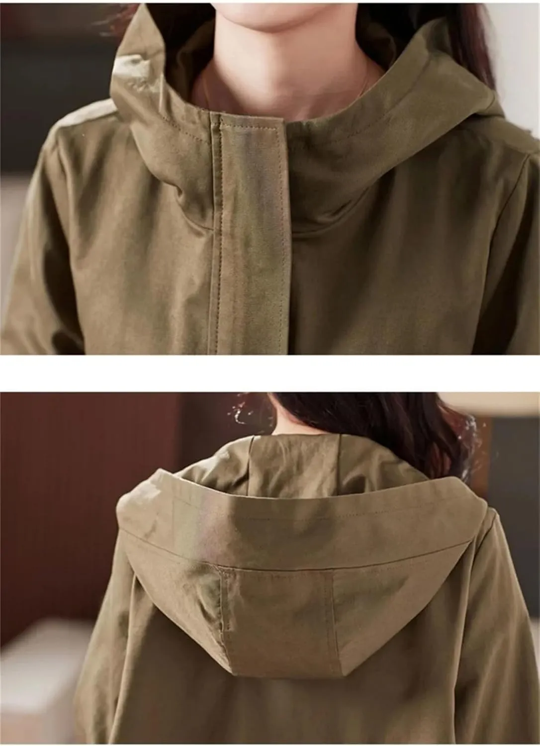 Women Trench Coat Fashion Loose Casual Mid Long Hooded Zipper Overcoat Windbreaker Jacket Female Outerwer