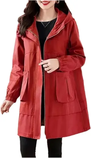 Women Trench Coat Fashion Loose Casual Mid Long Hooded Zipper Overcoat Windbreaker Jacket Female Outerwer