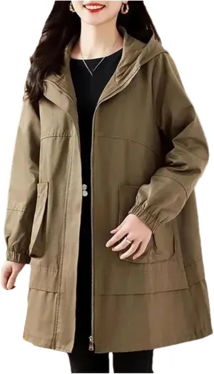 Women Trench Coat Fashion Loose Casual Mid Long Hooded Zipper Overcoat Windbreaker Jacket Female Outerwer