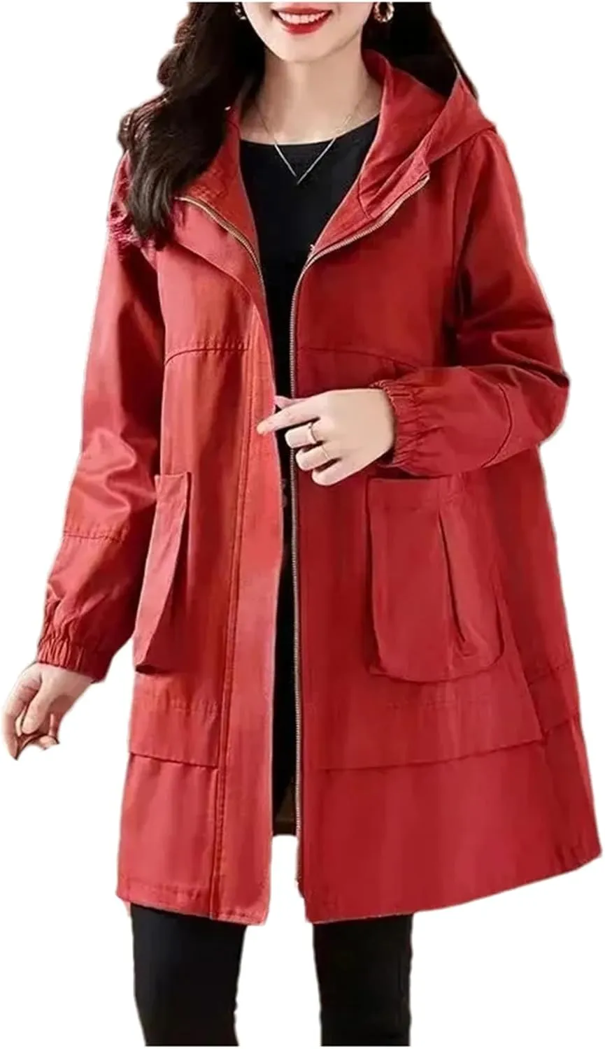 Women Trench Coat Fashion Loose Casual Mid Long Hooded Zipper Overcoat Windbreaker Jacket Female Outerwer