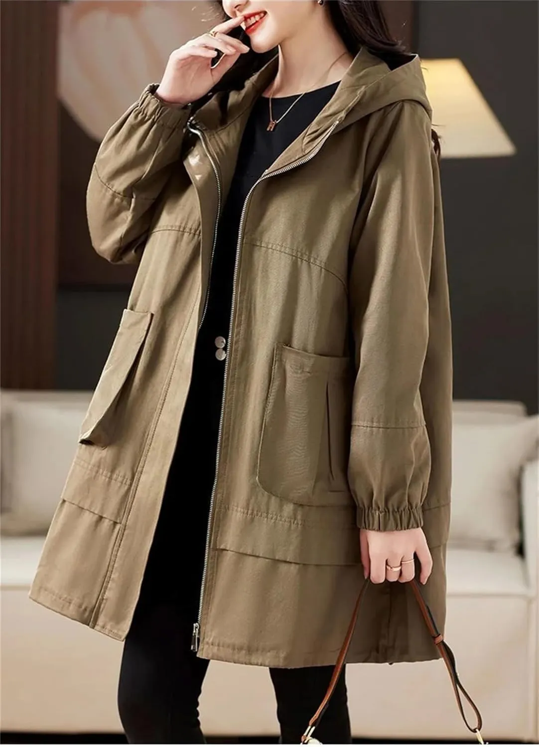 Women Trench Coat Fashion Loose Casual Mid Long Hooded Zipper Overcoat Windbreaker Jacket Female Outerwer