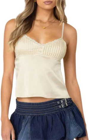 Women V Neck Lace Trim Satin Cami Sleeveless Patchwork Crop Camisole Tank Y2K Low Cut Spaghetti Strap Going Out Tops