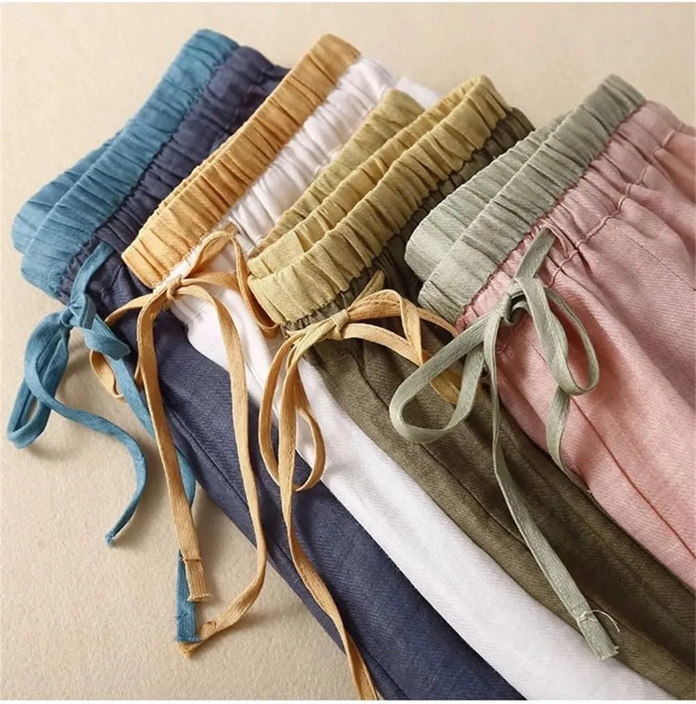 Women Vintage Japan Cotton Trousers Solid Elastic Waist Harem Pants