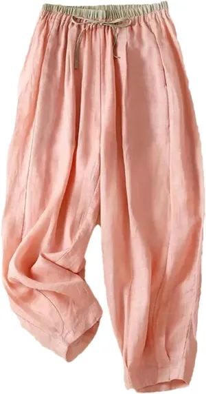 Women Vintage Japan Cotton Trousers Solid Elastic Waist Harem Pants