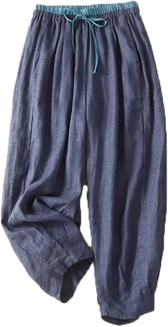 Women Vintage Japan Cotton Trousers Solid Elastic Waist Harem Pants