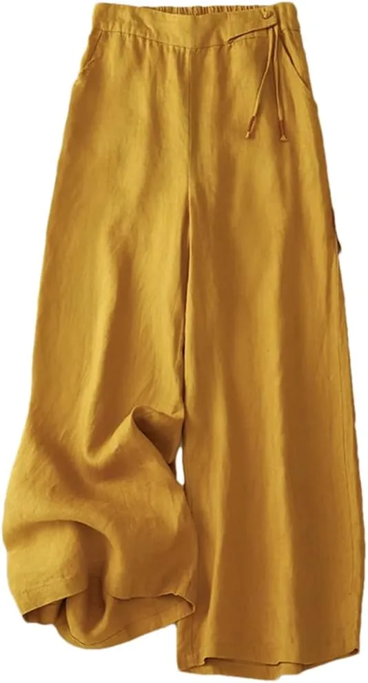 Women Vintage Summer Cotton Linen Wide-Legs Pants High Waist Casual Elastic Waist Loose Trousers