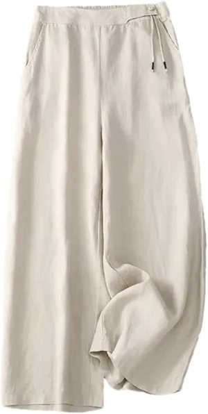 Women Vintage Summer Cotton Linen Wide-Legs Pants High Waist Casual Elastic Waist Loose Trousers