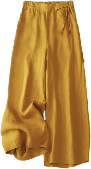 Women Vintage Summer Cotton Linen Wide-Legs Pants High Waist Casual Elastic Waist Loose Trousers