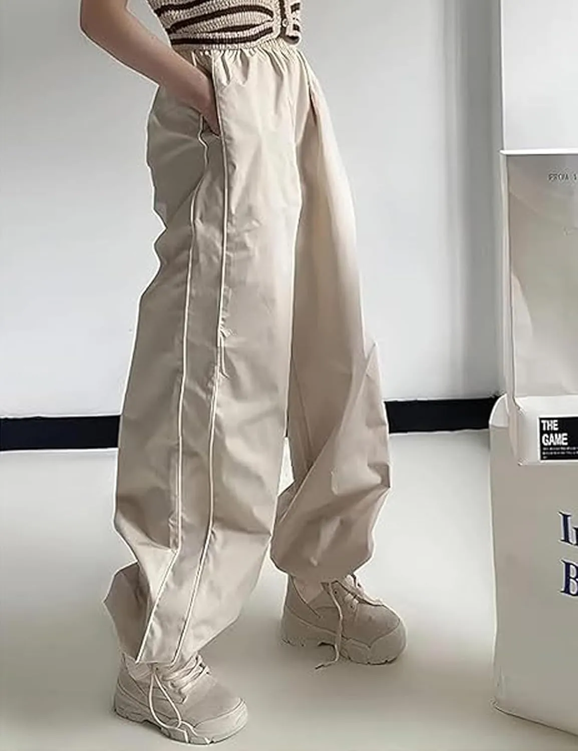 Women Y2K Baggy Pants Wide Leg Parachute Casual Sweatpants Track Pants with Pockets
