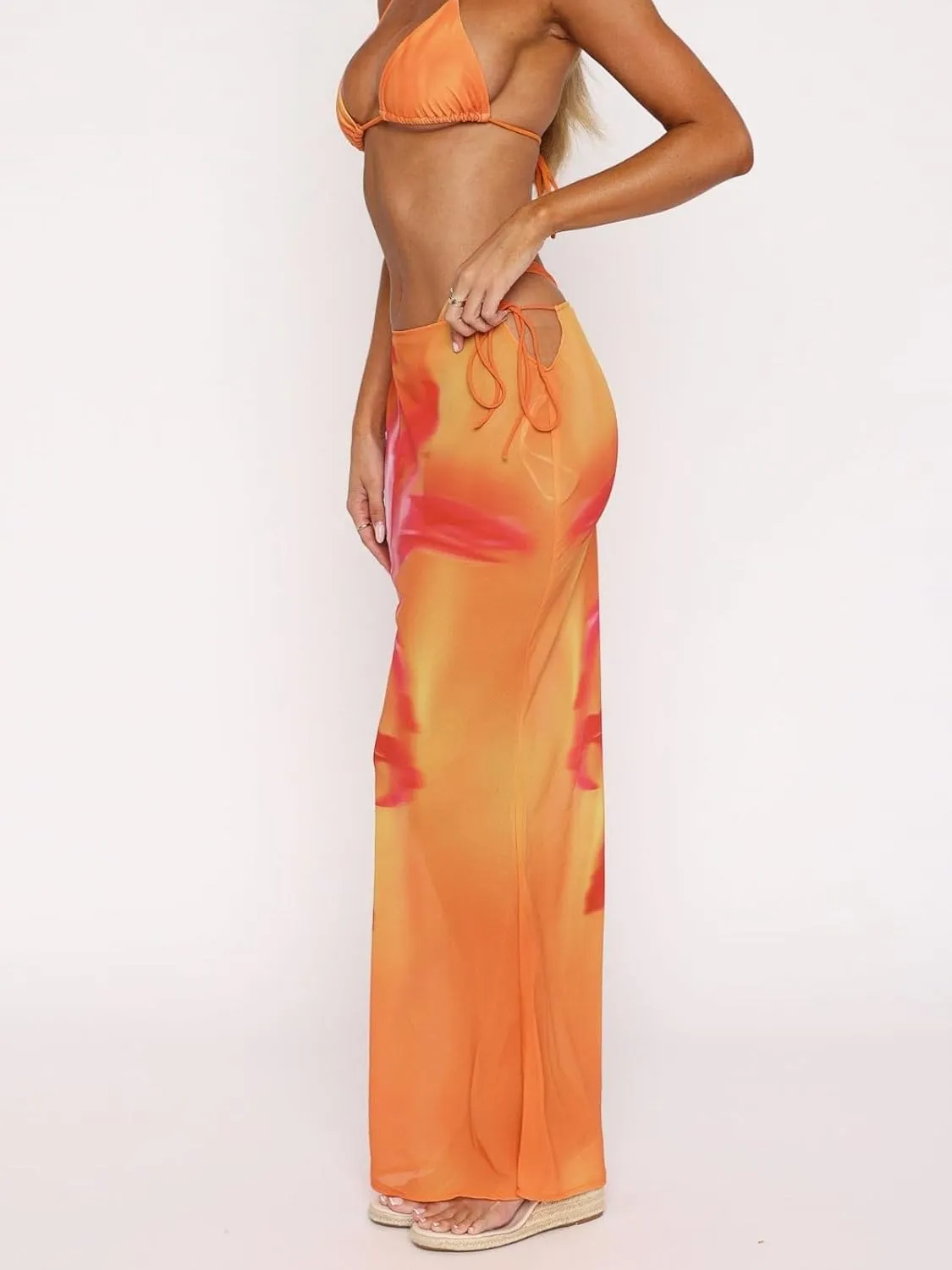 Women Y2k Floral Maxi Skirt Sheer Mesh Bodycon Long Skirts Boho Flower Graphic Summer Beach Outwear Holiday Skirts