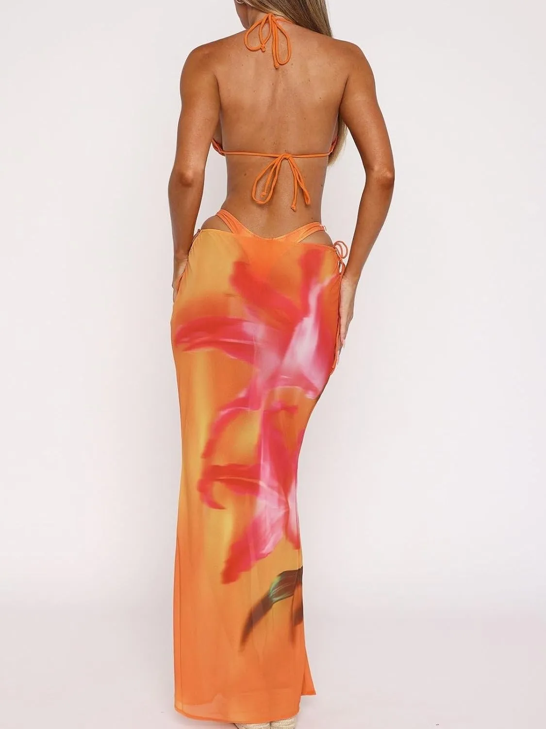Women Y2k Floral Maxi Skirt Sheer Mesh Bodycon Long Skirts Boho Flower Graphic Summer Beach Outwear Holiday Skirts