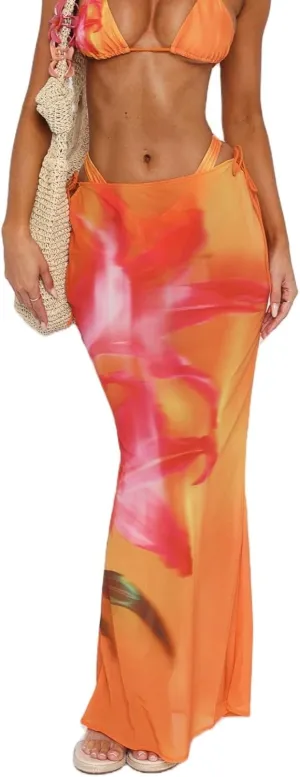 Women Y2k Floral Maxi Skirt Sheer Mesh Bodycon Long Skirts Boho Flower Graphic Summer Beach Outwear Holiday Skirts