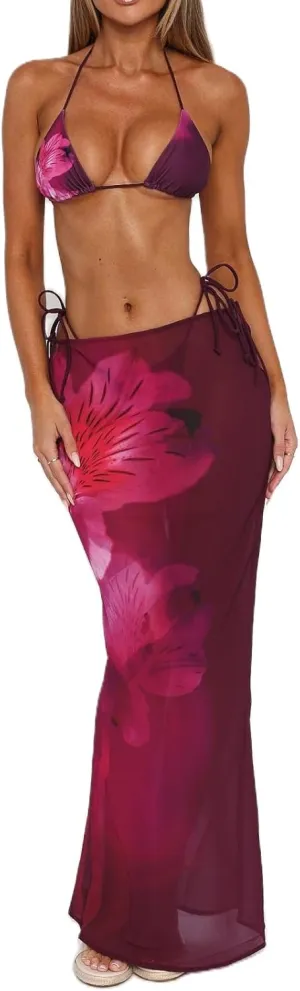 Women Y2k Floral Maxi Skirt Sheer Mesh Bodycon Long Skirts Boho Flower Graphic Summer Beach Outwear Holiday Skirts