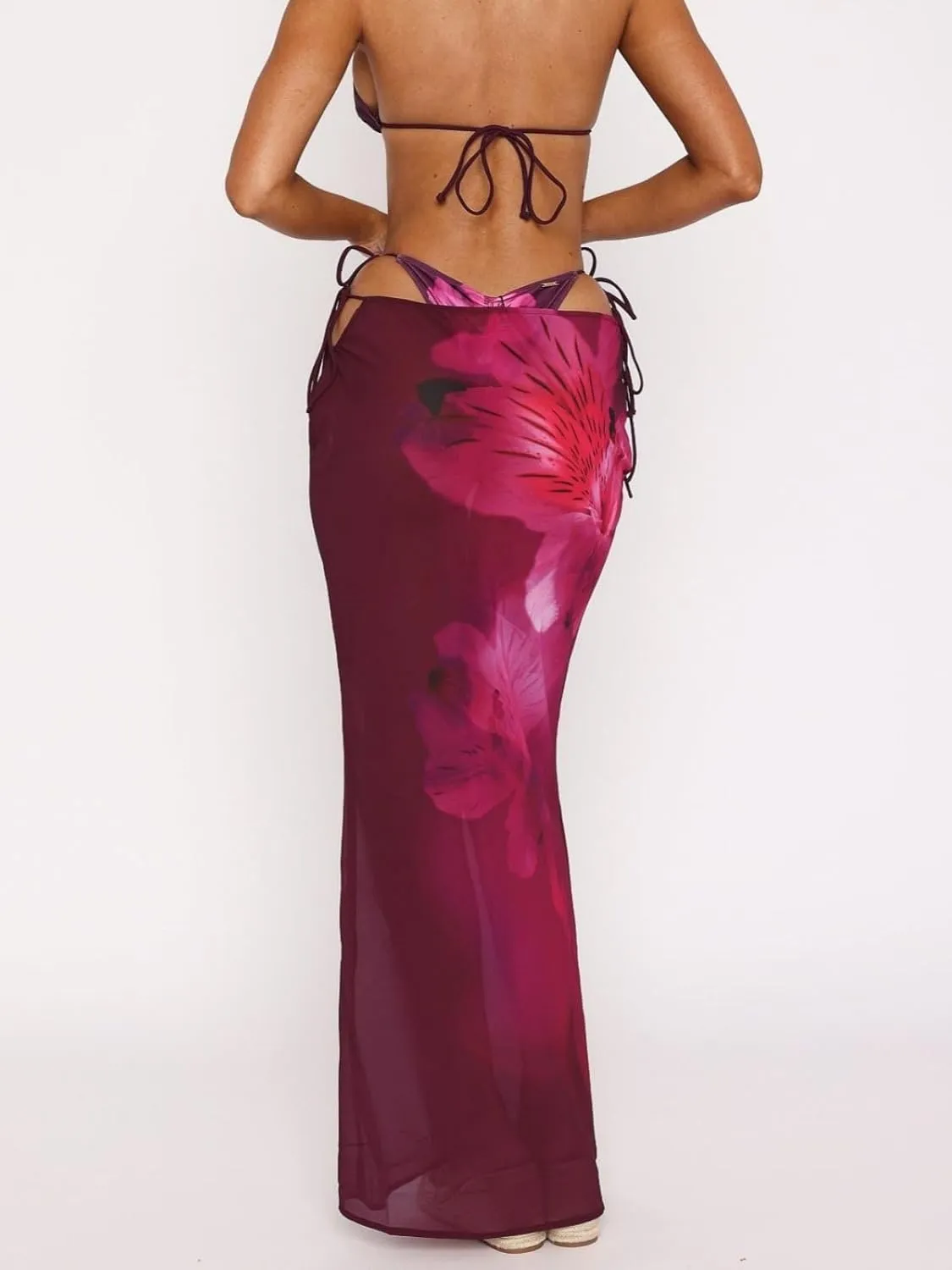 Women Y2k Floral Maxi Skirt Sheer Mesh Bodycon Long Skirts Boho Flower Graphic Summer Beach Outwear Holiday Skirts