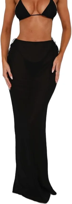 Women Y2k Floral Maxi Skirt Sheer Mesh Bodycon Long Skirts Boho Flower Graphic Summer Beach Outwear Holiday Skirts