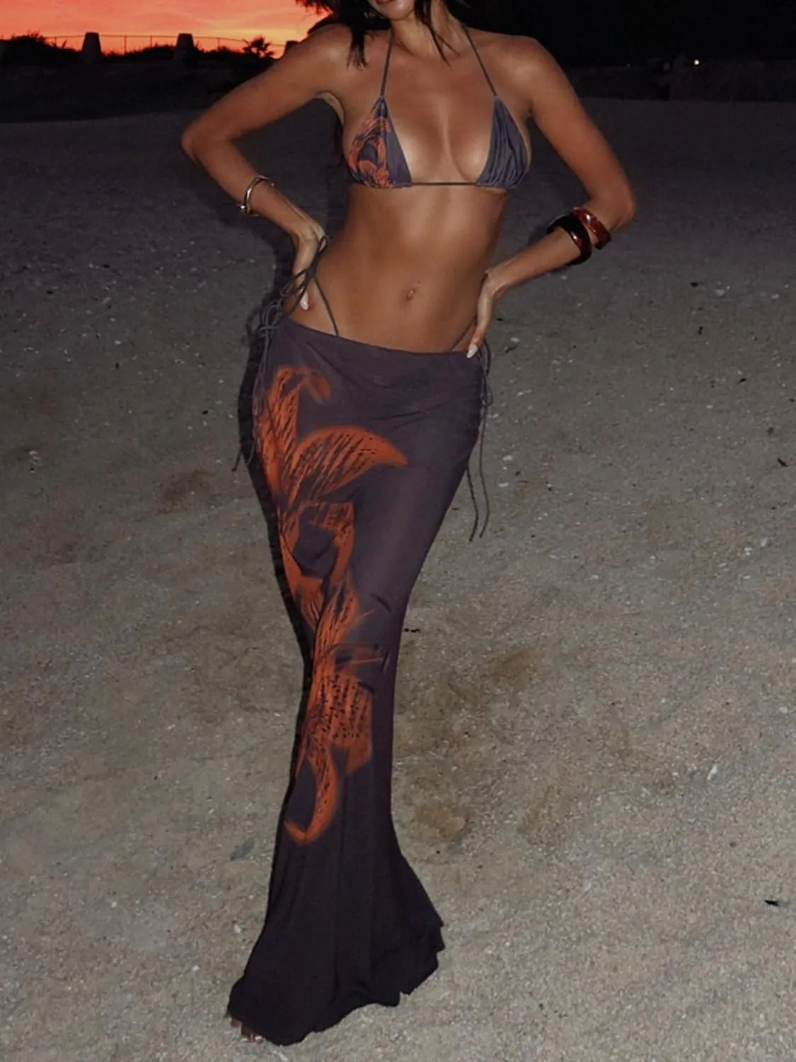 Women Y2k Floral Maxi Skirt Sheer Mesh Bodycon Long Skirts Boho Flower Graphic Summer Beach Outwear Holiday Skirts
