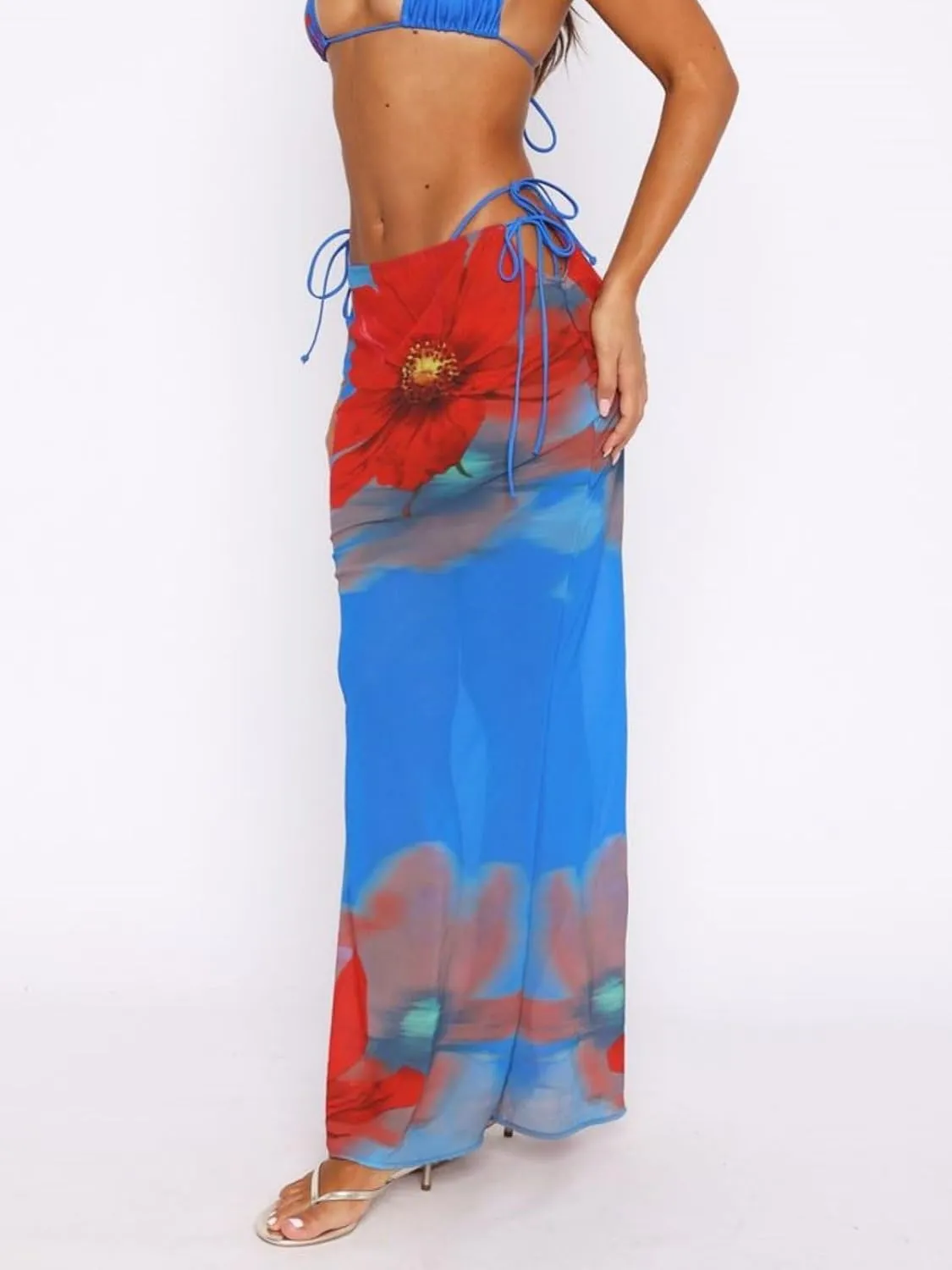 Women Y2k Floral Maxi Skirt Sheer Mesh Bodycon Long Skirts Boho Flower Graphic Summer Beach Outwear Holiday Skirts