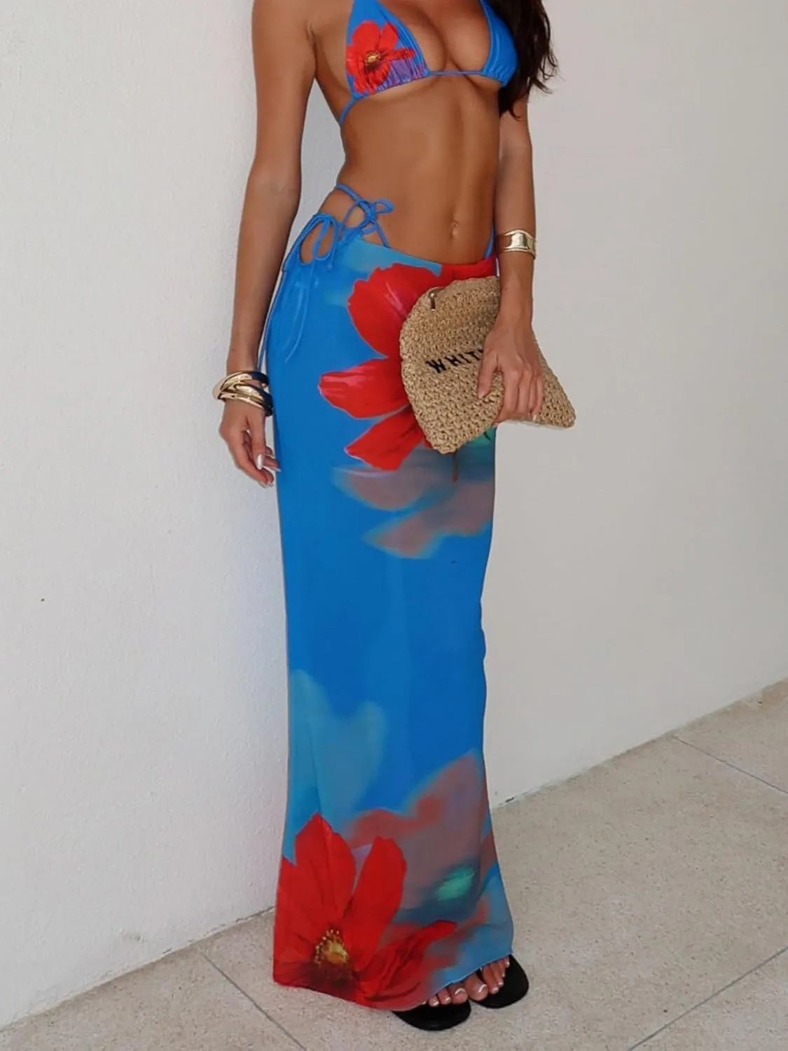 Women Y2k Floral Maxi Skirt Sheer Mesh Bodycon Long Skirts Boho Flower Graphic Summer Beach Outwear Holiday Skirts