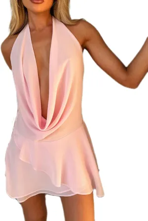 Women Y2K Halter Neck Mini Dress V Neck Floral Going Out Dress Sexy Open Back Satin Bodycon Party Dresses