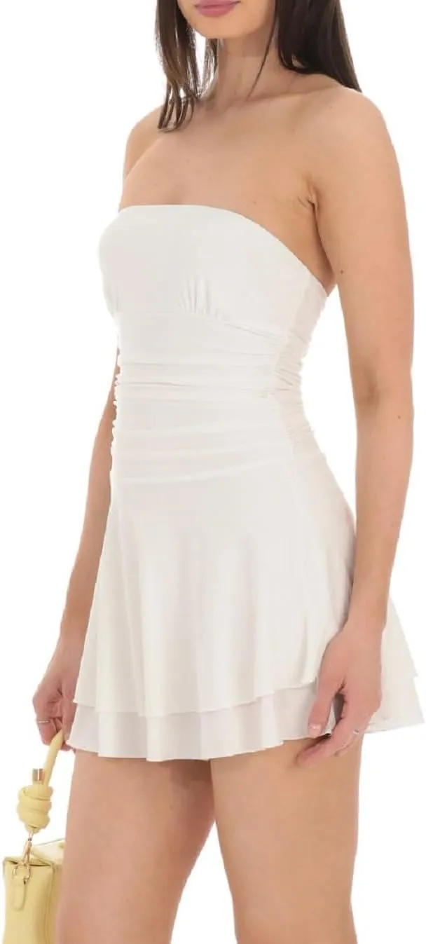 Women Y2k Strapless Mini Tube Dress Floral Ruffle Short Bandeau Dress Off Shoulder Bodycon Going Out Dresses