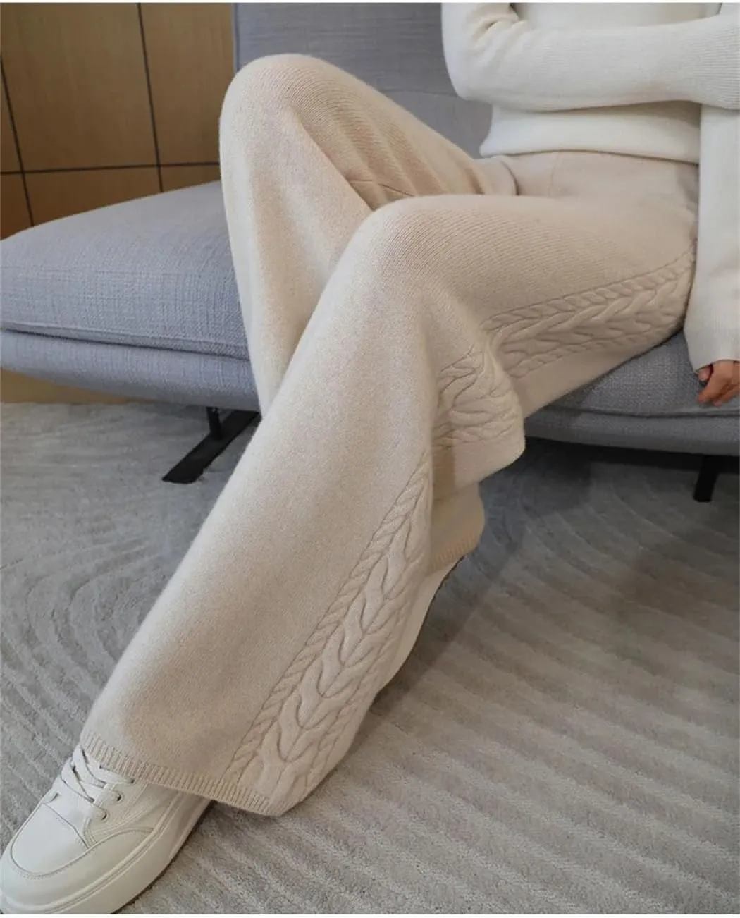 Women's 100% Merino Wool Wide Leg Pants Elastic Waist Ribbed Knitted Trousers Winter Thickened Warm Sweatpants