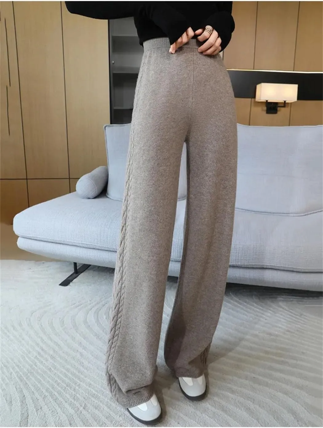 Women's 100% Merino Wool Wide Leg Pants Elastic Waist Ribbed Knitted Trousers Winter Thickened Warm Sweatpants