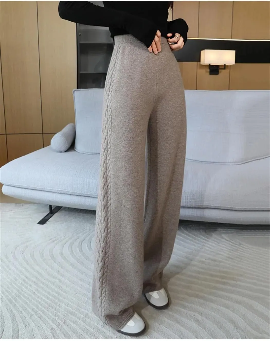 Women's 100% Merino Wool Wide Leg Pants Elastic Waist Ribbed Knitted Trousers Winter Thickened Warm Sweatpants