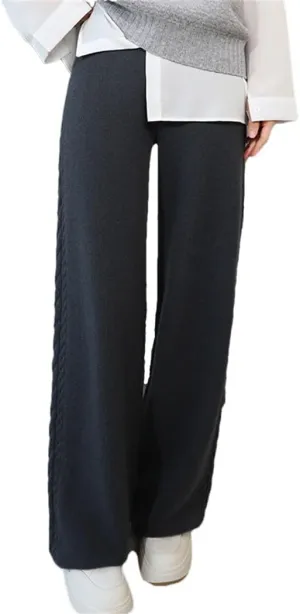 Women's 100% Merino Wool Wide Leg Pants Elastic Waist Ribbed Knitted Trousers Winter Thickened Warm Sweatpants