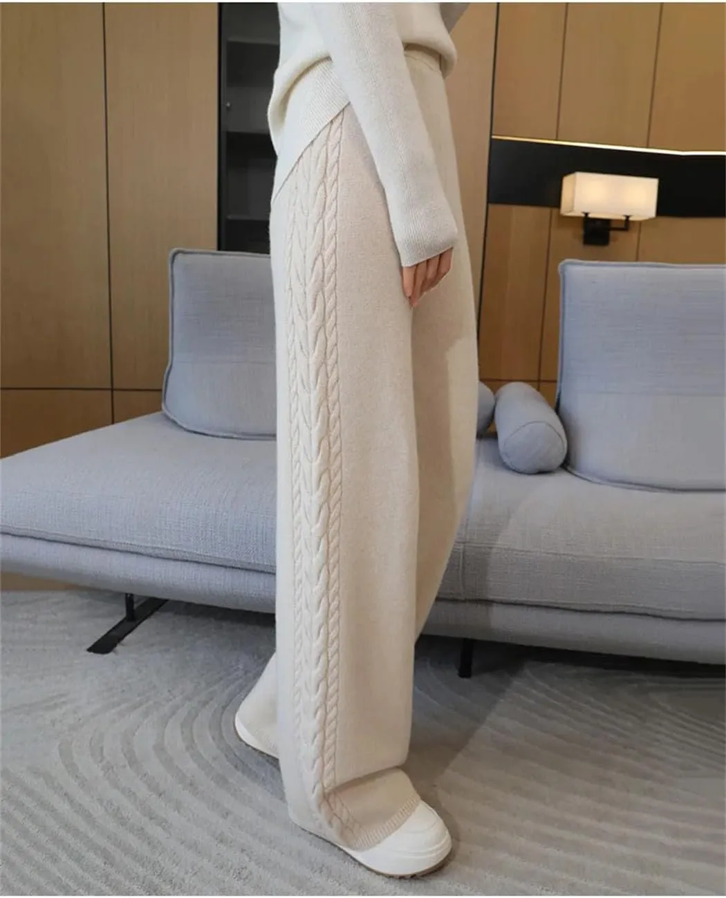 Women's 100% Merino Wool Wide Leg Pants Elastic Waist Ribbed Knitted Trousers Winter Thickened Warm Sweatpants