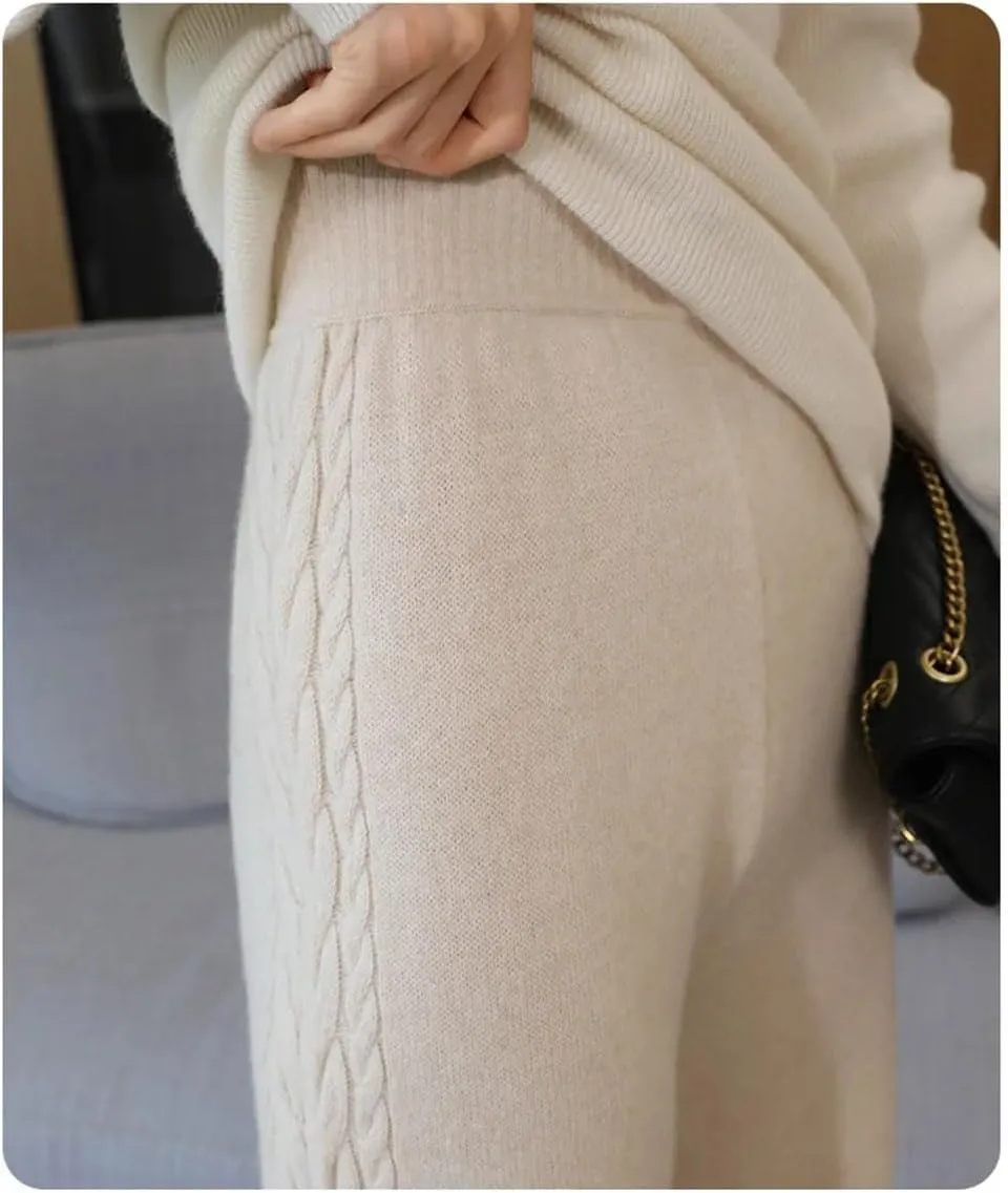 Women's 100% Merino Wool Wide Leg Pants Elastic Waist Ribbed Knitted Trousers Winter Thickened Warm Sweatpants