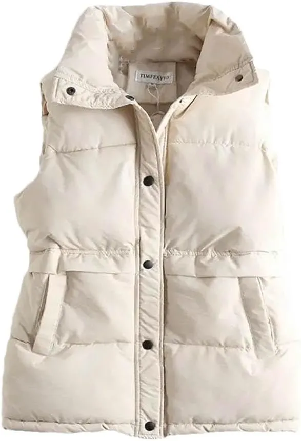 Women's Autumn Winter Vest Loose Drawstring Stand Short Vest Female Down Cotton Padded Windproof Warm Waistcoat