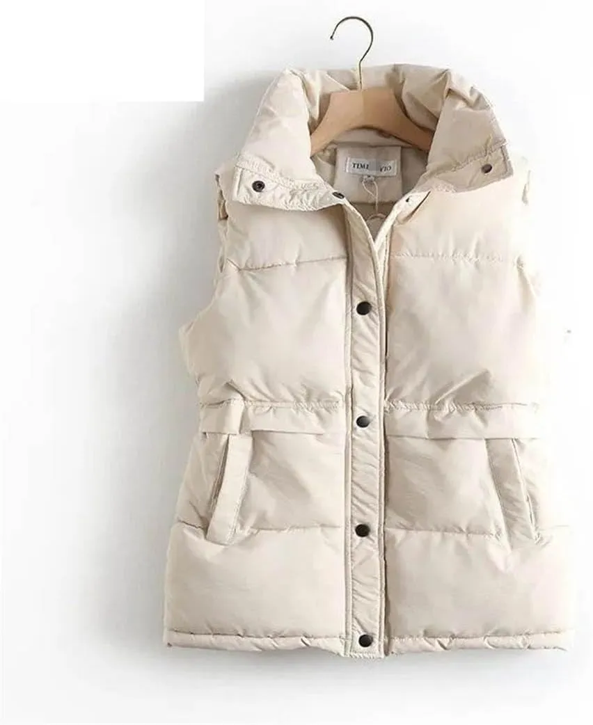 Women's Autumn Winter Vest Loose Drawstring Stand Short Vest Female Down Cotton Padded Windproof Warm Waistcoat