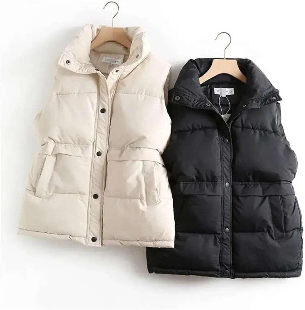 Women's Autumn Winter Vest Loose Drawstring Stand Short Vest Female Down Cotton Padded Windproof Warm Waistcoat